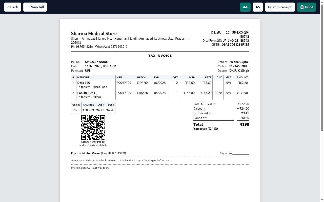 A printed Medzy bill with QR code